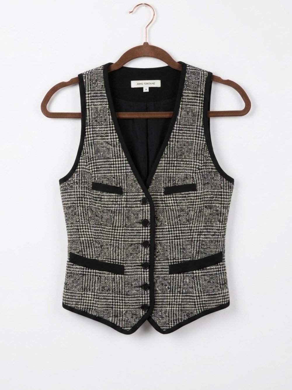 Anne Fontaine Angelika Plaid‎ Wool Blend Tailored Vest Black White Sz 36